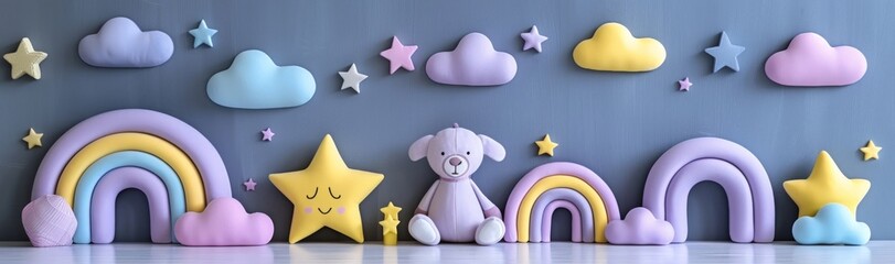 lovely background in pastel colors with toys for young children. Banner for web shop or toys store