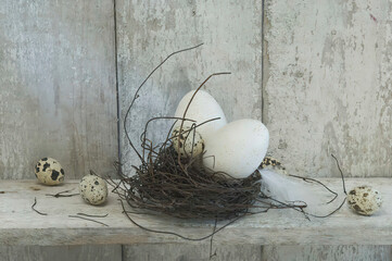 Easter eggs, quall eggs and Easter nest on wooden shelf