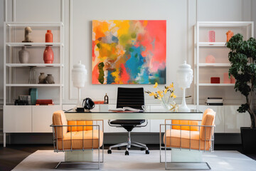 An office setup with a minimalist approach, combining neutral hues and occasional bright splashes of color in carefully selected decor pieces.