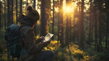 Explorer with backpack using a tablet in a forest at sunset, blending technology with the tranquility of nature - obrazy, fototapety, plakaty