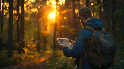 Explorer with backpack using a tablet in a forest at sunset, blending technology with the tranquility of nature - obrazy, fototapety, plakaty