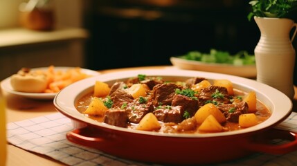 Stewed beef and potatoes in a white bowl on the table. roast. - obrazy, fototapety, plakaty