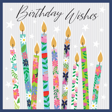 Happy birthday card design with candles and flowers