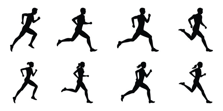 Runners, silhouettes of men and women running on a white background. People jogging, full body, side view. Vector illustration.