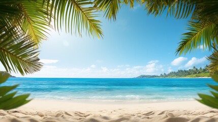 Fototapeta na wymiar Sea panorama, tropical beach banner. view of a sandy beach with palm trees and ocean