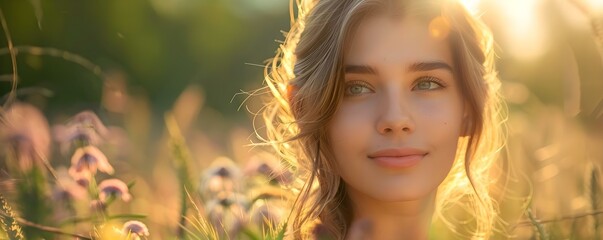 Fototapeta premium Model surrounded by scenic nature backdrop in outdoor environment photoshoot centered professional photo copy space. Concept Outdoor Photoshoot, Nature Backdrop, Professional Poses, Copy Space