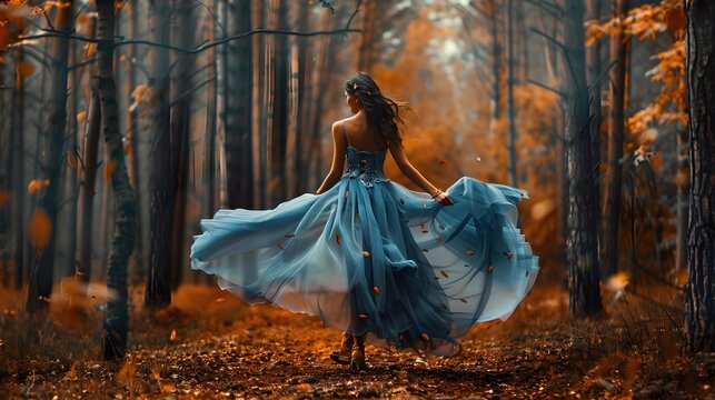 fantasy woman walking in autumn forest. an elegant blue dress fluttered in the wind. faceless