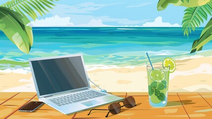 Obraz na płótnie Canvas Beachside digital workspace: laptop, sunglasses, and mojito on wooden table with ocean view. Perfect for backgrounds, covers, banners, booklets, and more