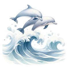 Fototapeta premium Dolphins leaping in the ocean waves.. watercolor illustration, The dolphin who is jumping out of sea water on white background. 