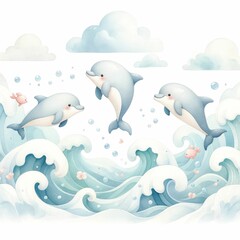 Dolphins leaping in the ocean waves.. watercolor illustration, The dolphin who is jumping out of sea water on white background. 