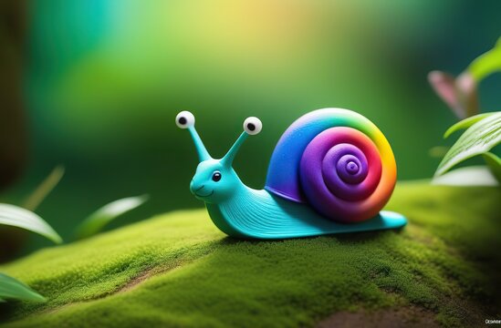 cartoon snail with a rainbow shell, slowly making its way through a vibrant, lush rainforest, with a rainbow of colors in the sky, a light mist in the air, and exotic wildlife all around.