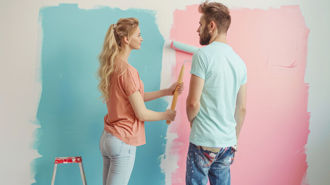 Happy family making their home a cozy place. Young loving couple doing renovations in children's room. Relaxed man and woman painting walls and choosing color pink or blue