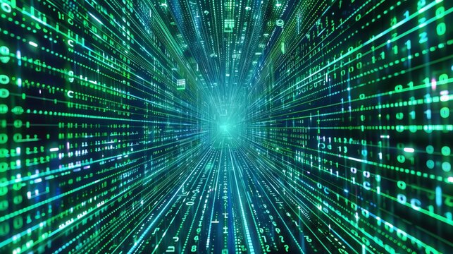 Dynamic digital binary code matrix background: 3d rendering of technological data network, illustrating connectivity and complexity in modern digital era