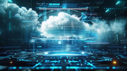 Vibrant futuristic holographic cloud technology display for digital informational web platforms

