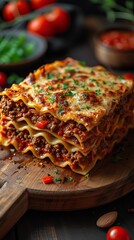 Lasagna Bologna, Italy, is a layered pasta dish with tomato sauce