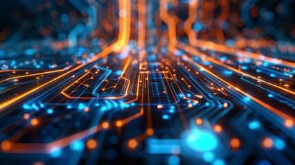 Vibrant digital technology background: illuminated in blue and orange hues