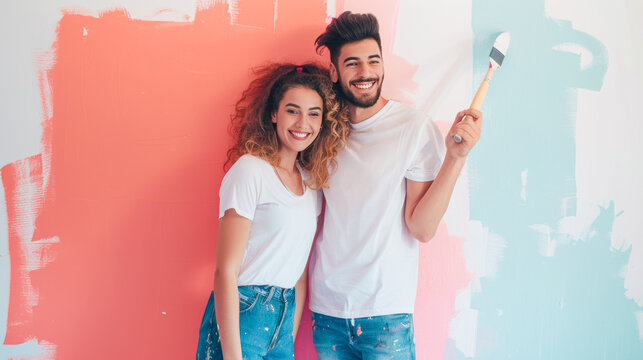 Happy family making their home a cozy place. Young loving couple doing renovations in children's room. Relaxed man and woman smiling painting walls and choosing color pink or blue