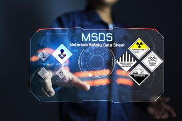 MSDS material safety data sheet concept with safety officer pointing at inhalation respiratory toxic chemical symbol on virtual screen for hazardous chemicals such as pesticides or volatile substances - obrazy, fototapety, plakaty