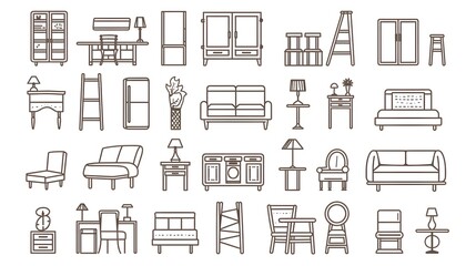 Fototapeta na wymiar Furniture flat line icons set. Kitchen, bedroom, sofa table, bookcase closet, chair, mattress, lamps, ladder vector illustrations. Outline signs of house interior, editable stroke
