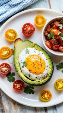 Egg baked in an avocado and served with tomato salsa, olive oil and fresh organic cilantro