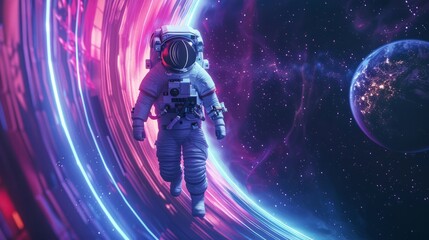 Futuristic space astronaut emerging from glowing time loop - conceptual 3d illustration - obrazy, fototapety, plakaty