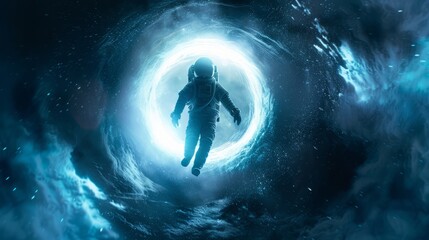 Futuristic space astronaut emerging from glowing time loop - conceptual 3d illustration - obrazy, fototapety, plakaty
