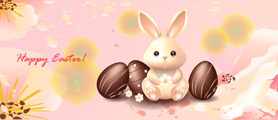 Cute bunny and chocolate eggs on delicate background
