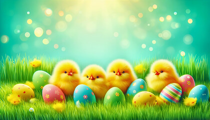 Fototapeta premium Sparkling Easter Illustration with Chicks and Eggs on Glittery Background