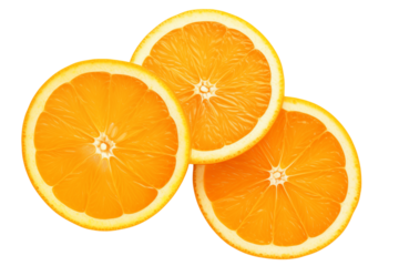 3 pieces of sliced orange isolated on transparent background.