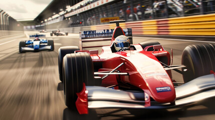 F1 race car speeding on track at day light. super car on asphalt road, background banner or...