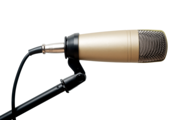 Golden podcast microphone mounted on the stand