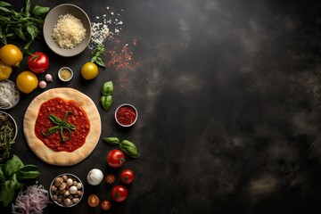 Ingredients for cooking pizza on dark background. Top view