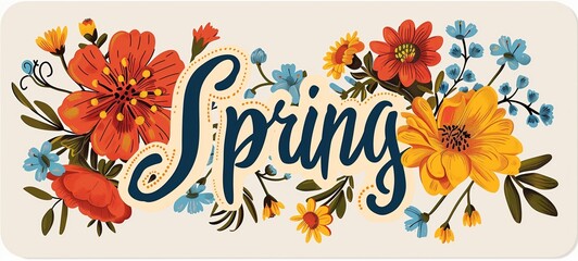 Vintage-inspired design featuring the word Spring in ornate lettering, embellished with a variety of stylized flowers in warm hues.
