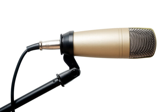 Golden podcast microphone mounted on the stand