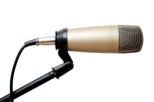 Golden podcast microphone mounted on the stand