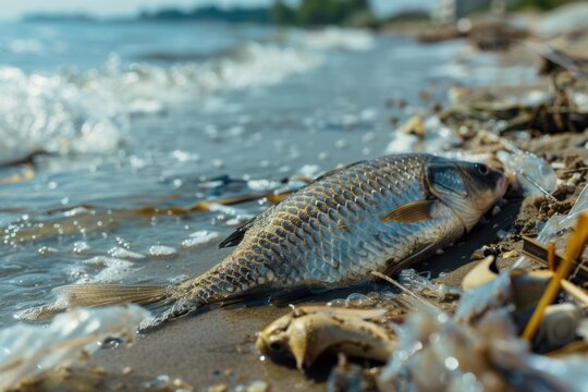 environmental impact industrial activity, Oil wastewater is spilling on beach, dead fishes on shore