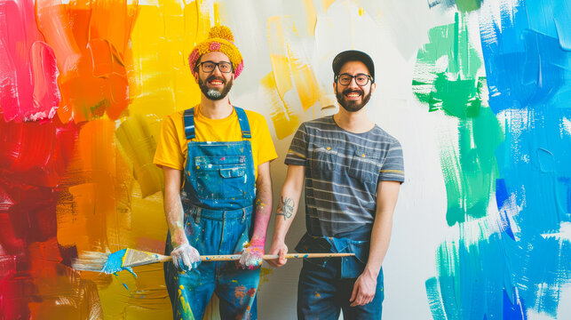Romantic gay couple smiling and painting LGBT pride flag on the wall. Two handsome men gays. Pride day June month love LGBTQ concept