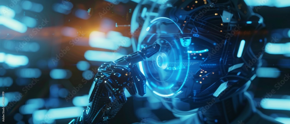 Poster futuristic high-speed light effect: android cyborg in metaverse world programming on hud interface