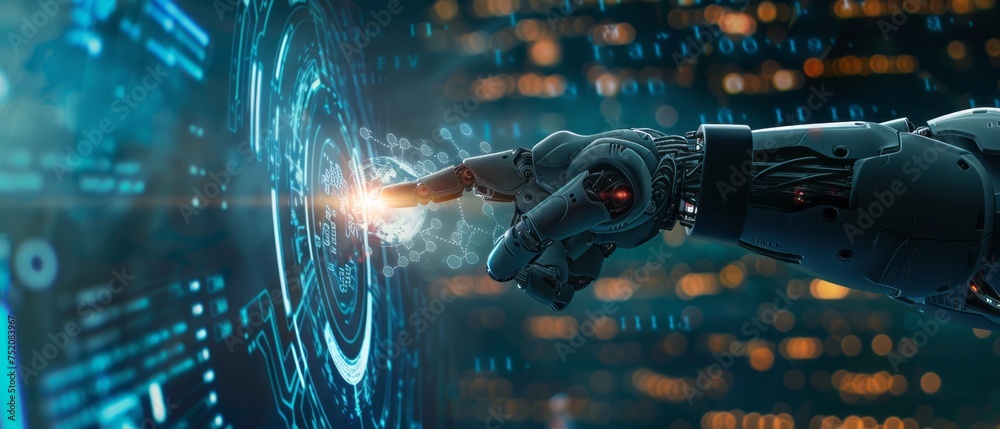 Poster futuristic high-speed light effect: android cyborg in metaverse world programming on hud interface
