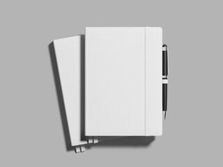 Flat Lay White Blank Notebook 3D Mockup with Elastic Band and Pen