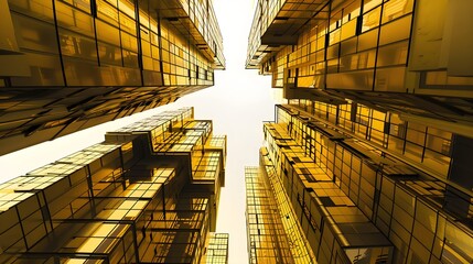 Golden structures - Looking up between two golden buildings
