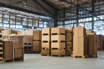 A warehouse interior with a blurred background. large and modern storehouse with some goods on the floor. The metal structure and the light create a contrast in the scene.