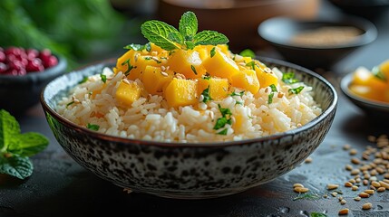 Mango Sticky Rice from Bangkok, Thailand, is a dessert with a combination of ripe mango, sweet...