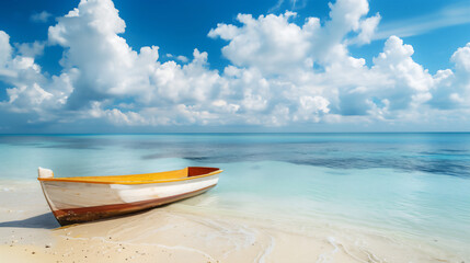 Fototapeta na wymiar ボートとトロピカルビーチ。バナー背景、壁紙