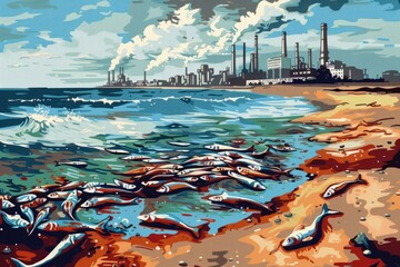 environmental impact industrial activity, Oil wastewater is spilling on beach, dead fishes on shore