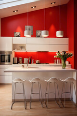 An open-plan kitchen featuring a striking, red accent wall contrasting with minimalist white furniture.
