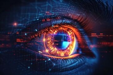 Close up of female eye with digital hologram.