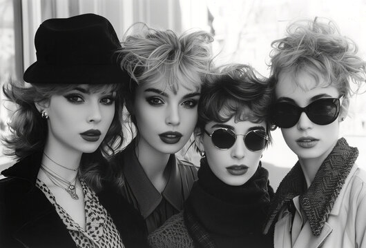 portrait of four fashion women models in style clothing on the street in city. Old retro black and white film photography from the 1980s