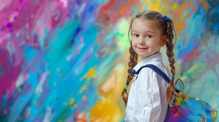 Obraz na płótnie Canvas Portrait of a cheerful young girl with pigtails and a vibrant backpack against an artistic, colorful background.