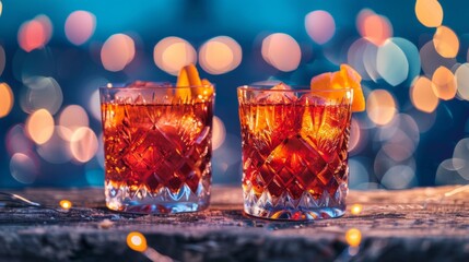 Elegant glasses of amber-colored cocktail with ice, garnish, and a bokeh light effect in the background.